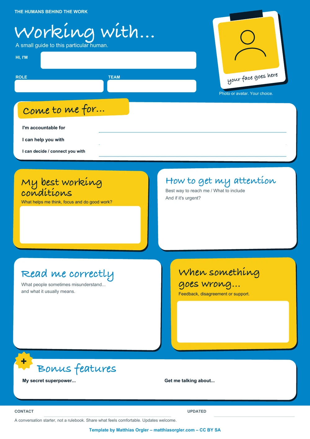 Blank Working with me personal guide, with prompts for responsibilities, working conditions, communication and feedback.