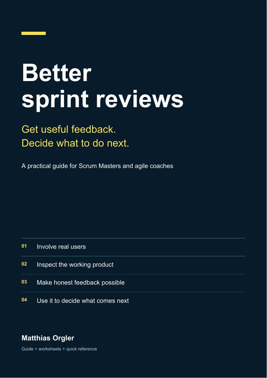 Cover of Better sprint reviews by Matthias Orgler: get useful feedback, decide what to do next.