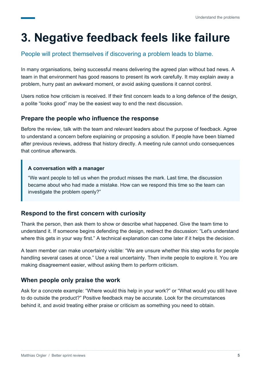 An actual page from the guide: Negative feedback feels like failure.