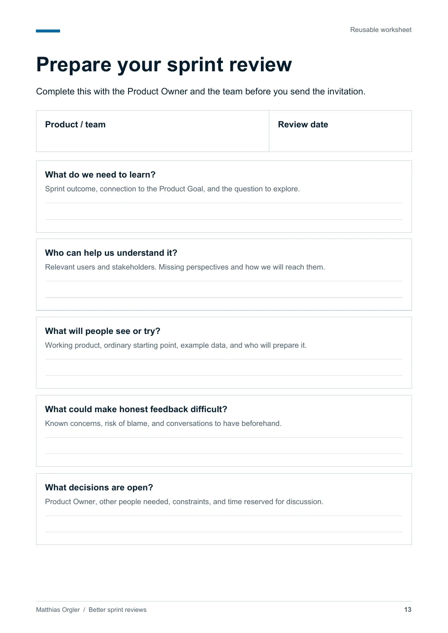Preparation worksheet with room to record what to learn, who to involve, what to show, feedback concerns, and open decisions.