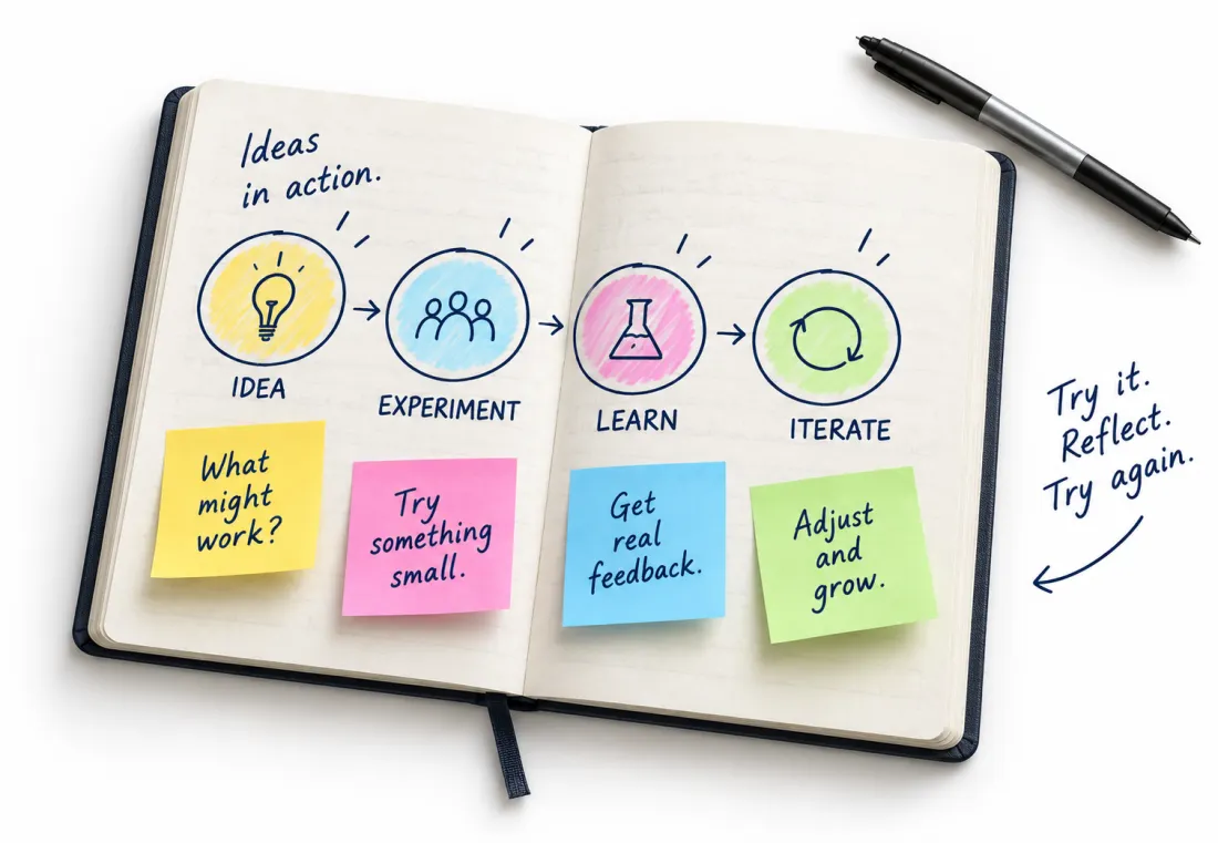 Illustrative notebook: ideas, experiments, feedback and iteration, with notes to try, reflect and try again