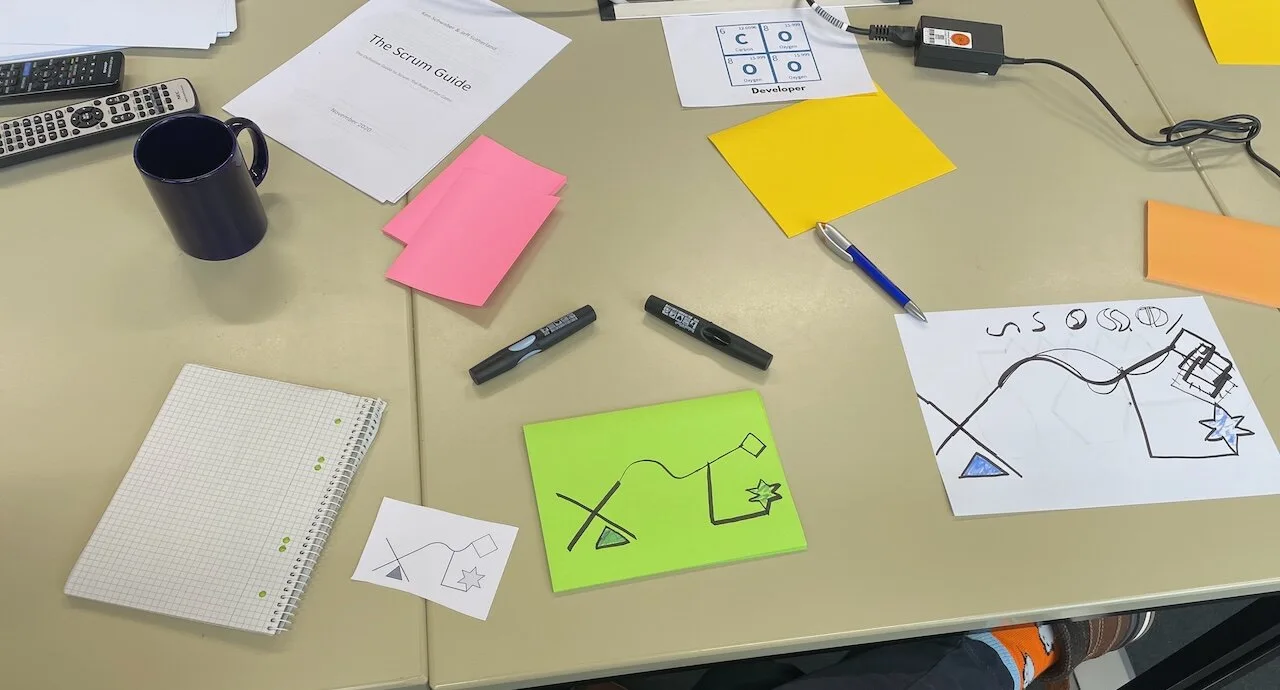 Drawings, sticky notes, and exercise materials on a workshop table