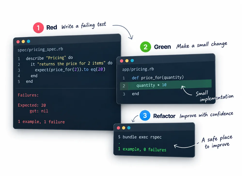 Illustrative TDD example: a failing test, a small code change and a passing result, connected by annotations